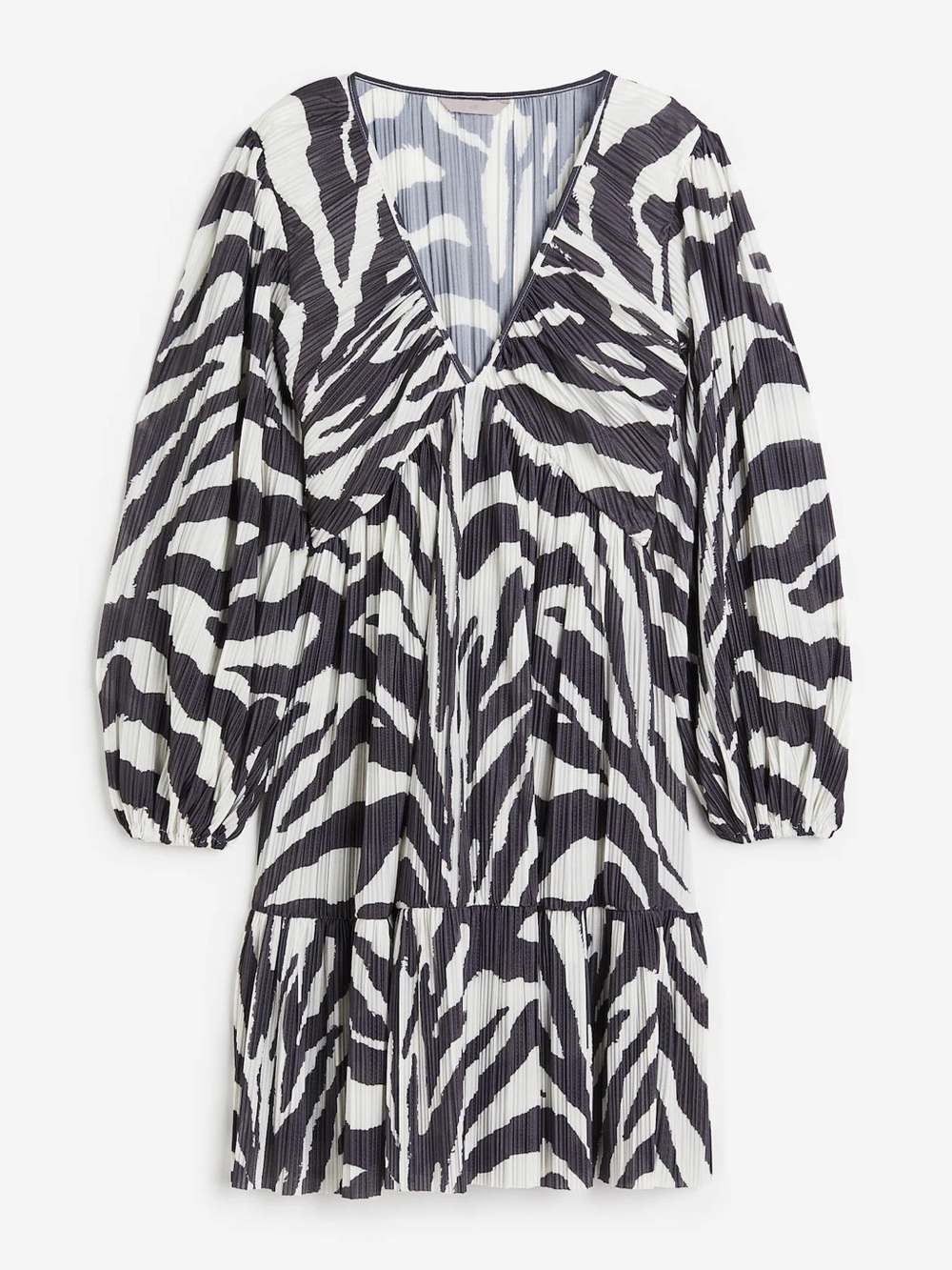 H&M | grey zebra print pleated plunge neckline dress | side large